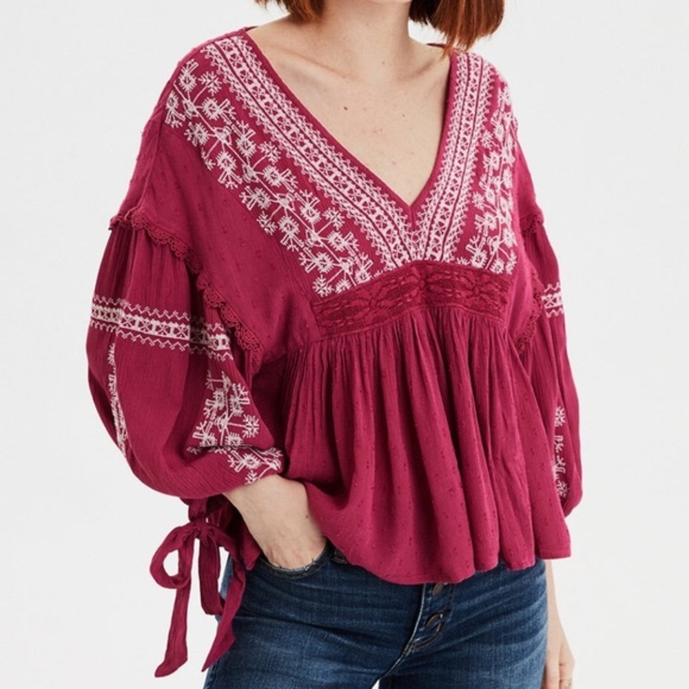 AE Long Sleeve Embroidered Bohemian Blouse